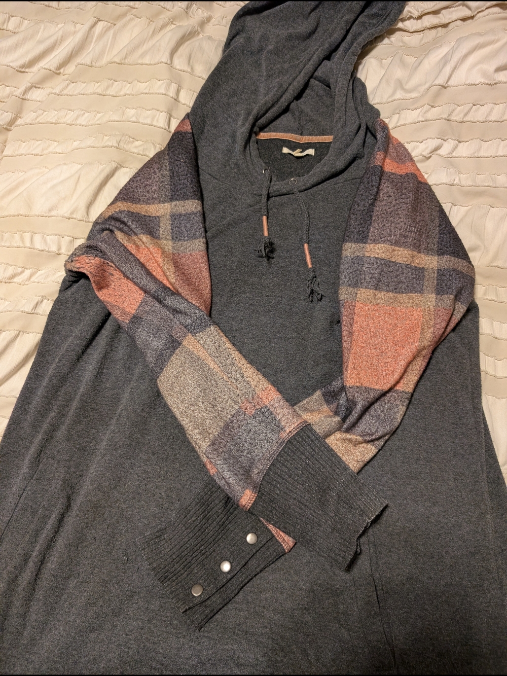 Maurices Charcoal Hoodie with Plaid Accent Sleeves